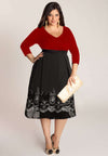 Plus size below knee dress with red top and black chiffon skirt
