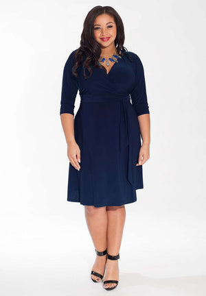 Below knee blue plus size wrap dress