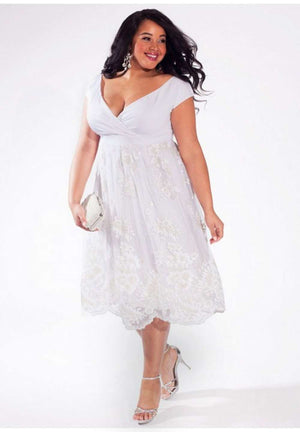 Wedding plus size below knee dress in soft white with lace A-line skirt