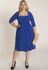 Wrap plus size dress in blue with A-line below knee skirt