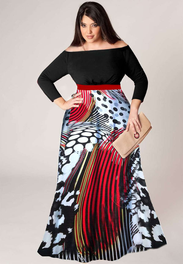 Plus size dress with black top and abstract printed skirt