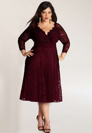 Plus size bordeaux dress with lace top