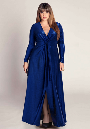 Blue metallic plus size wrap dress