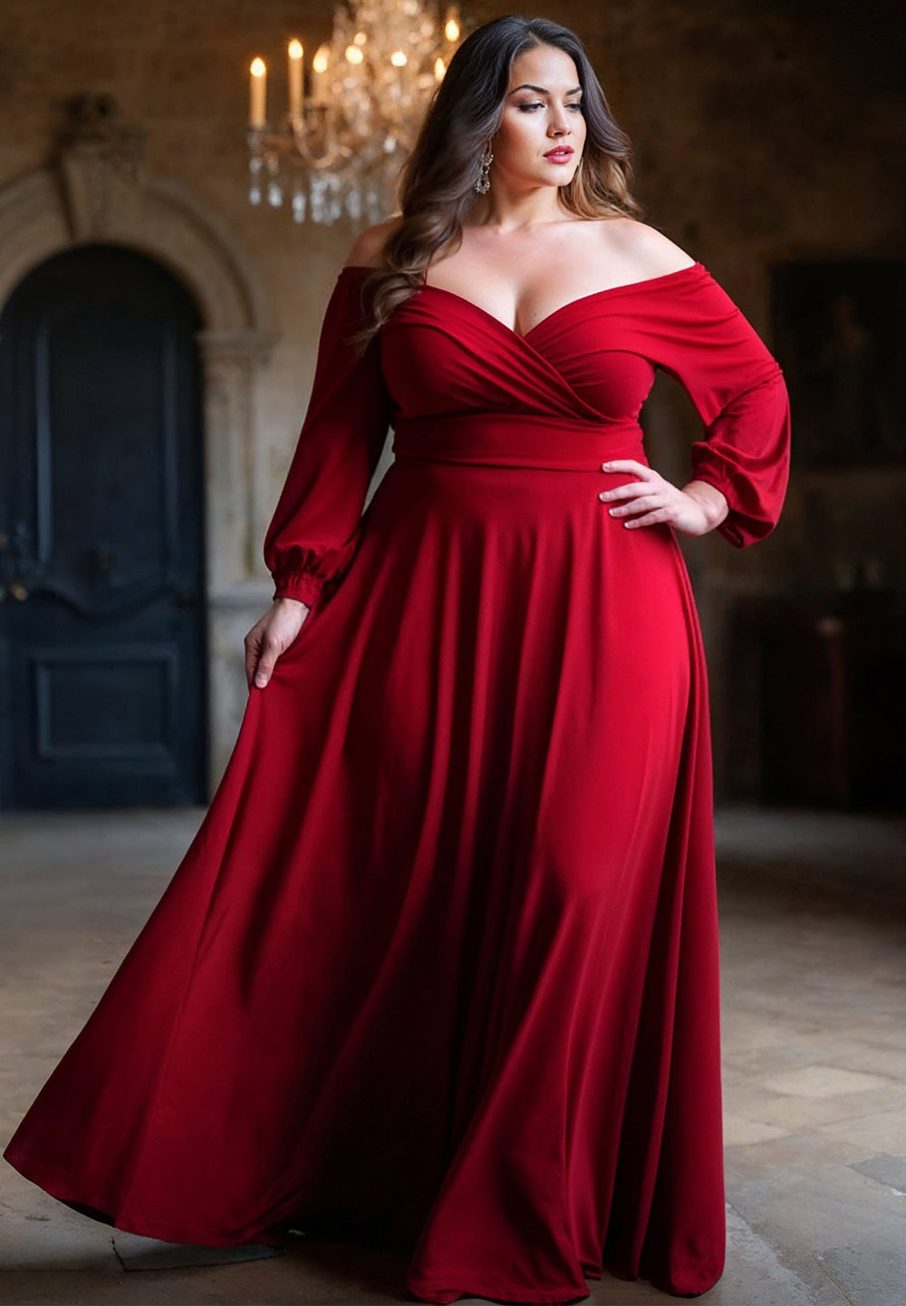 red plus size formal dresses Zapaka Women Black Long Prom Dress Mermaid Off the Shoulder Velvet Ruched Party Dress with Slit, Black Red / US24W size long sleeve long dance dresses with pleats. Tomyris Plus Size Evening Dress