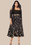 Black plus size cocktail dress with embroidered skirt