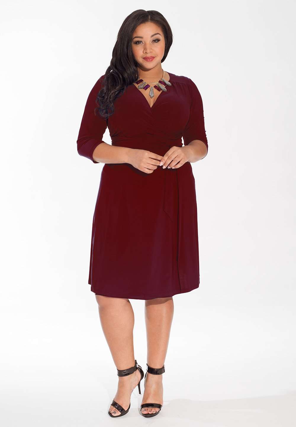 below knee length plus size dresses Kensie Plus Size Crepe Scuba Short Sleeve Bow Detail Knee Length Dress, Womens, 2X, Black