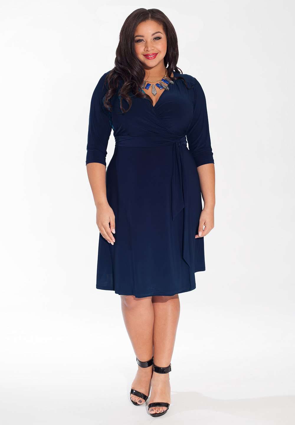 Below knee blue plus size wrap dress