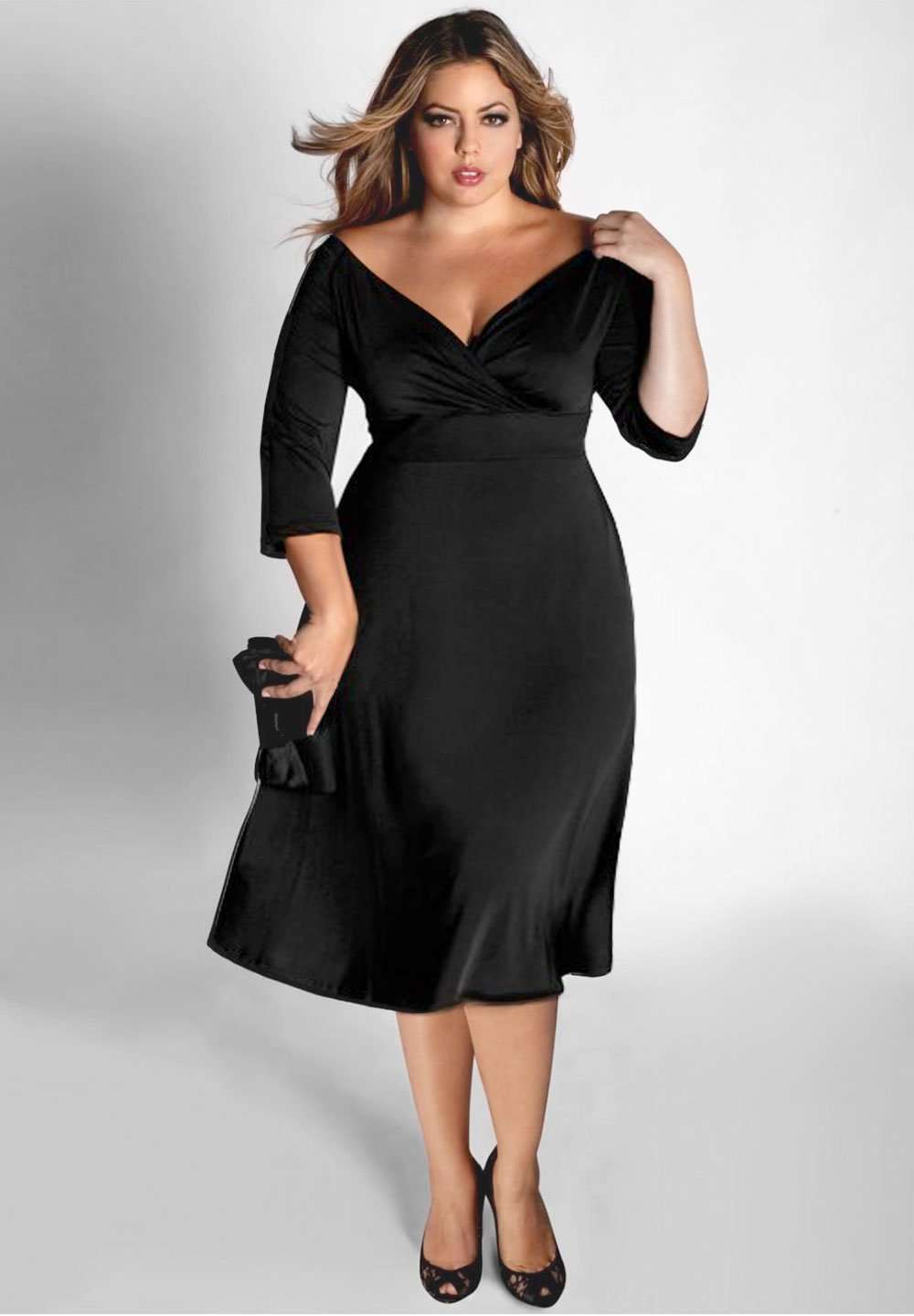 Black below knee plus size dress with wrap top