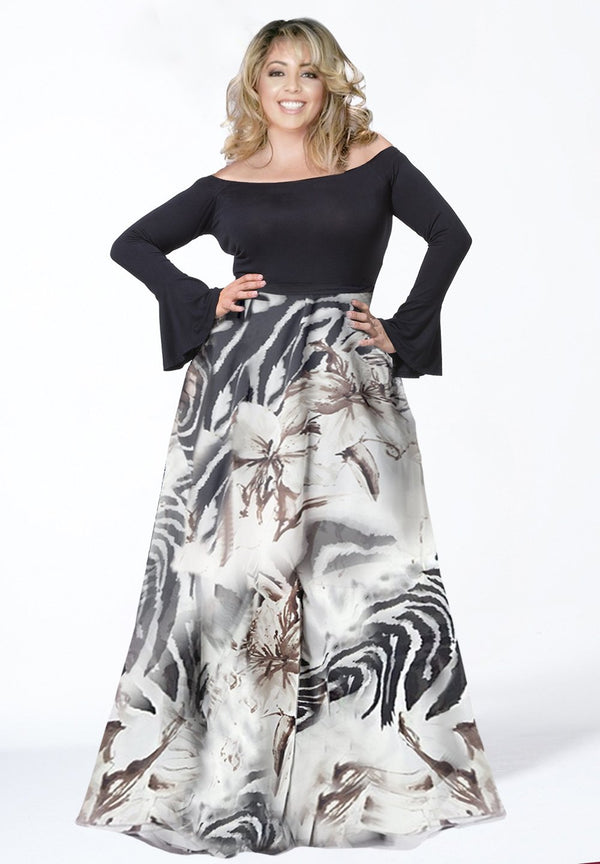 Chiffon black and white plus size dress with printed skirt