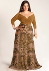 Plus size golden gown with slight A-line pleated chiffon skirt