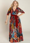Wrap plus size dress with floral printed chiffon skirt.
