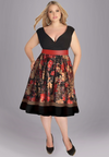 Plus size dress with black top and below knee floral printed skirt