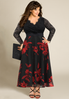 Black plus size dress with red floral print chiffon skirt